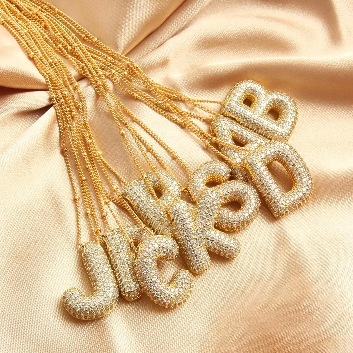 18k Gold Plated Dainty Cubic Zirconia Bubble Alphabet 26 A-Z Letter Necklace, Personalized Monogram Necklace,Balloon Initial Necklace for Women Female