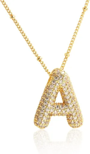 18k Gold Plated Dainty Cubic Zirconia Bubble Alphabet 26 A-Z Letter Necklace, Personalized Monogram Necklace,Balloon Initial Necklace for Women Female