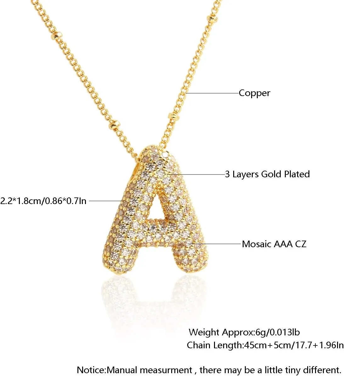 18k Gold Plated Dainty Cubic Zirconia Bubble Alphabet 26 A-Z Letter Necklace, Personalized Monogram Necklace,Balloon Initial Necklace for Women Female
