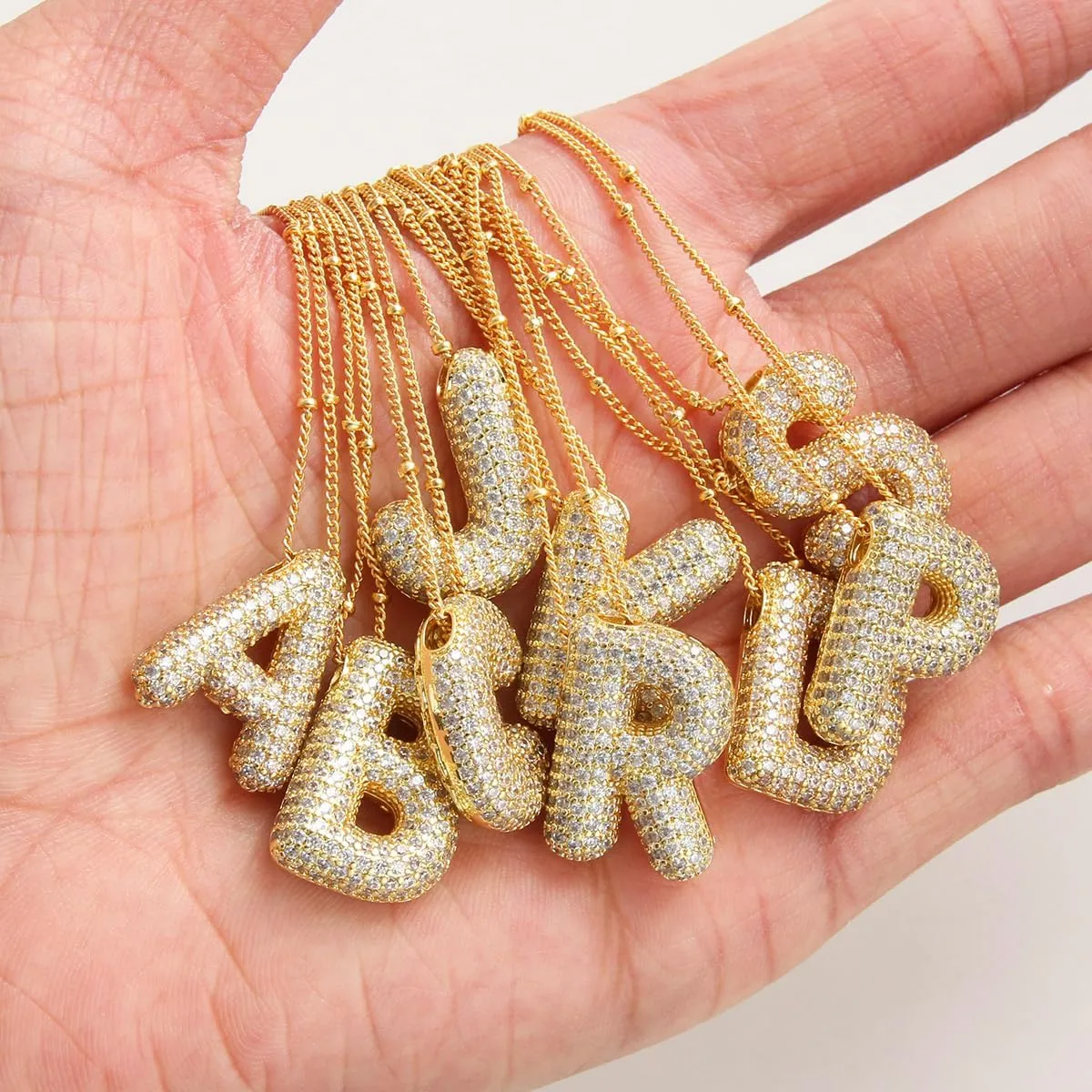 18k Gold Plated Dainty Cubic Zirconia Bubble Alphabet 26 A-Z Letter Necklace, Personalized Monogram Necklace,Balloon Initial Necklace for Women Female