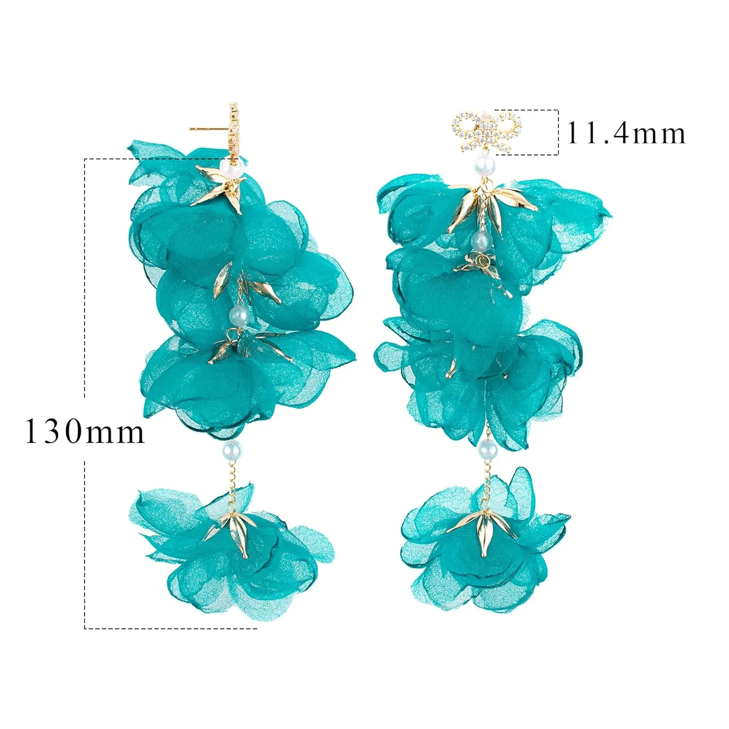 18K Gold Plated plastic Pearl Zircon Organza Flower Earrings for Girls, Kids Birthday Party, Wedding Gift (YMXA00701)