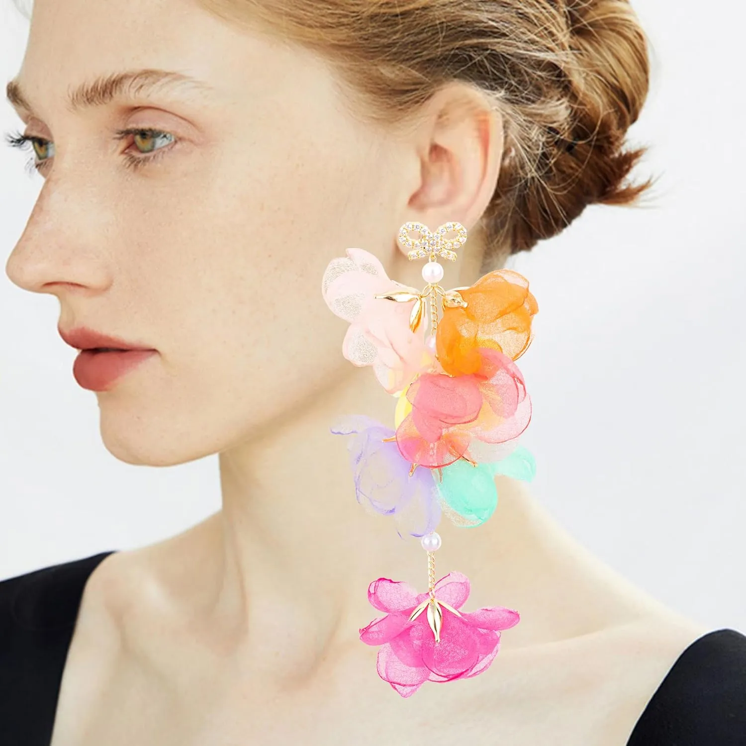 18K Gold Plated plastic Pearl Zircon Organza Flower Earrings for Girls, Kids Birthday Party, Wedding Gift (YMXA00701)