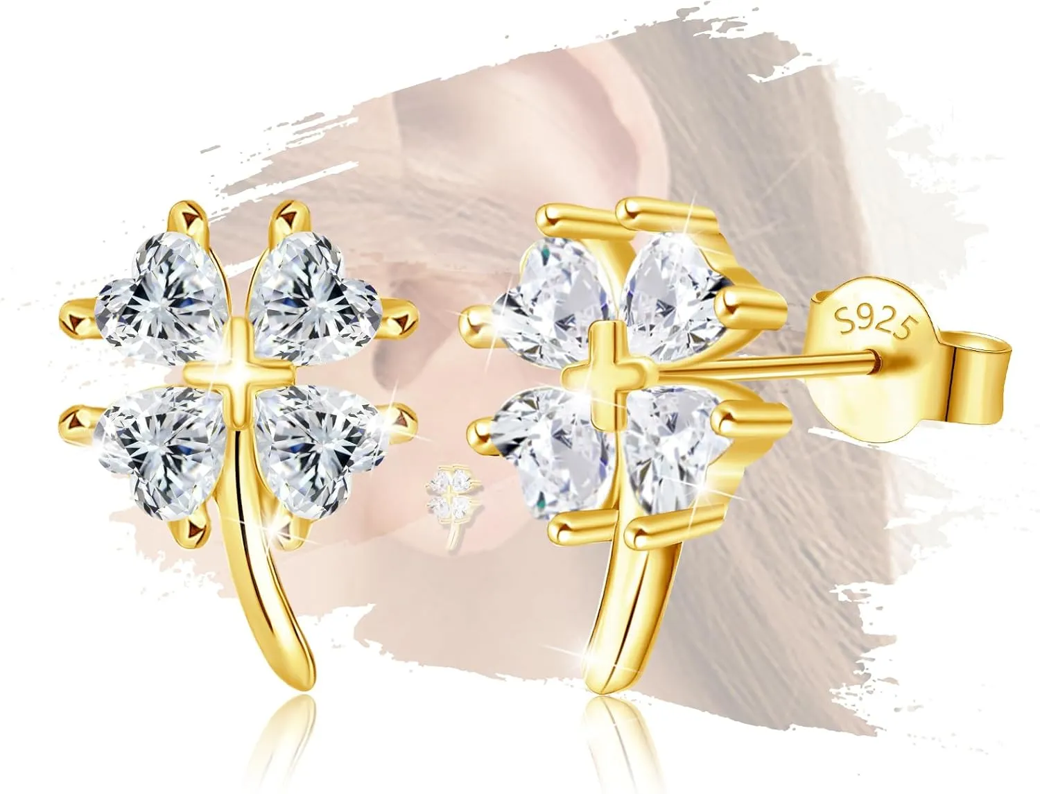 18K Gold Plated Sterling Silver Leaf Stud Earrings for Women Hypoallergenic Cubic Zirconia Sparkle Lucky Heart Stud Earrings for Wife Sister