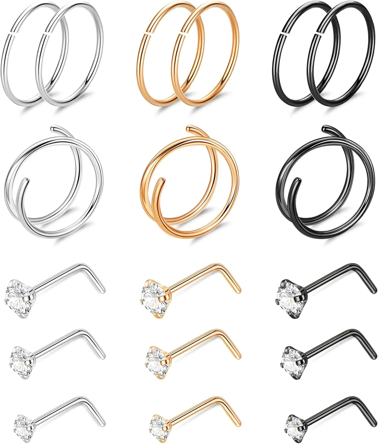 18PCS 20G G23 Titanium Nose Rings for Women Men Pure Titanium Double Nose Rings Hoops for Sensitive Skin L Shaped Screw Bone Nose Studs Hypoallergenic CZ Nose Stud Piercing Jewelry