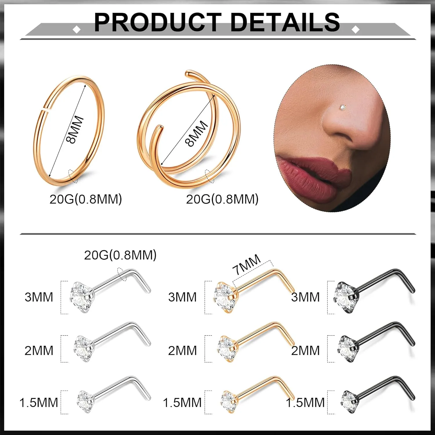18PCS 20G G23 Titanium Nose Rings for Women Men Pure Titanium Double Nose Rings Hoops for Sensitive Skin L Shaped Screw Bone Nose Studs Hypoallergenic CZ Nose Stud Piercing Jewelry