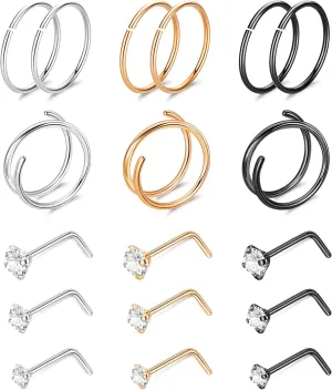 18PCS 20G G23 Titanium Nose Rings for Women Men Pure Titanium Double Nose Rings Hoops for Sensitive Skin L Shaped Screw Bone Nose Studs Hypoallergenic CZ Nose Stud Piercing Jewelry