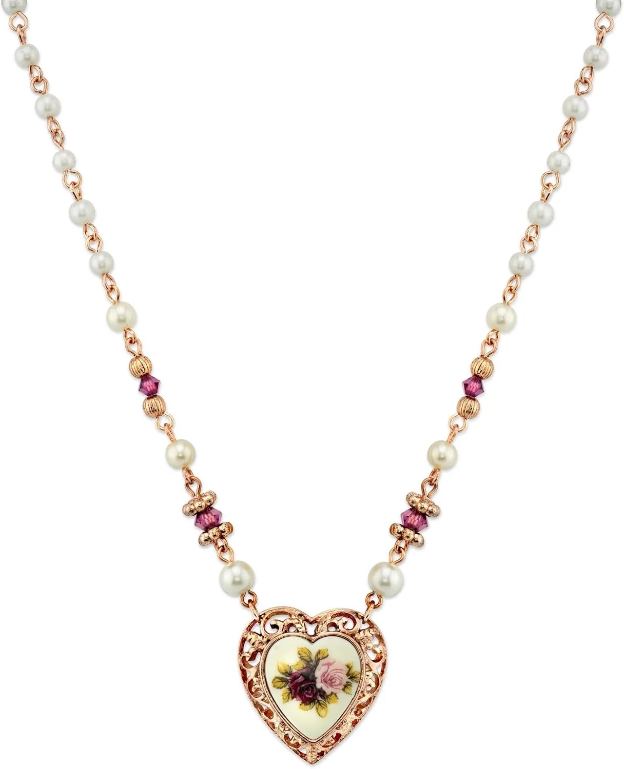 1928 Jewelry Manor House Faux Pearl Purple Flower Heart Pendant Necklace 15"   3" Extender, Romantic Roses Vintage Victorian Inspired Aesthetic, Rose Gold Tone, Made In USA