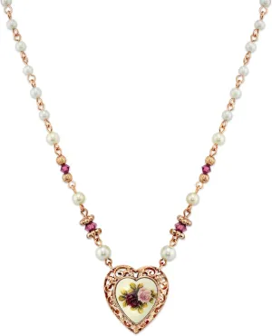 1928 Jewelry Manor House Faux Pearl Purple Flower Heart Pendant Necklace 15"   3" Extender, Romantic Roses Vintage Victorian Inspired Aesthetic, Rose Gold Tone, Made In USA