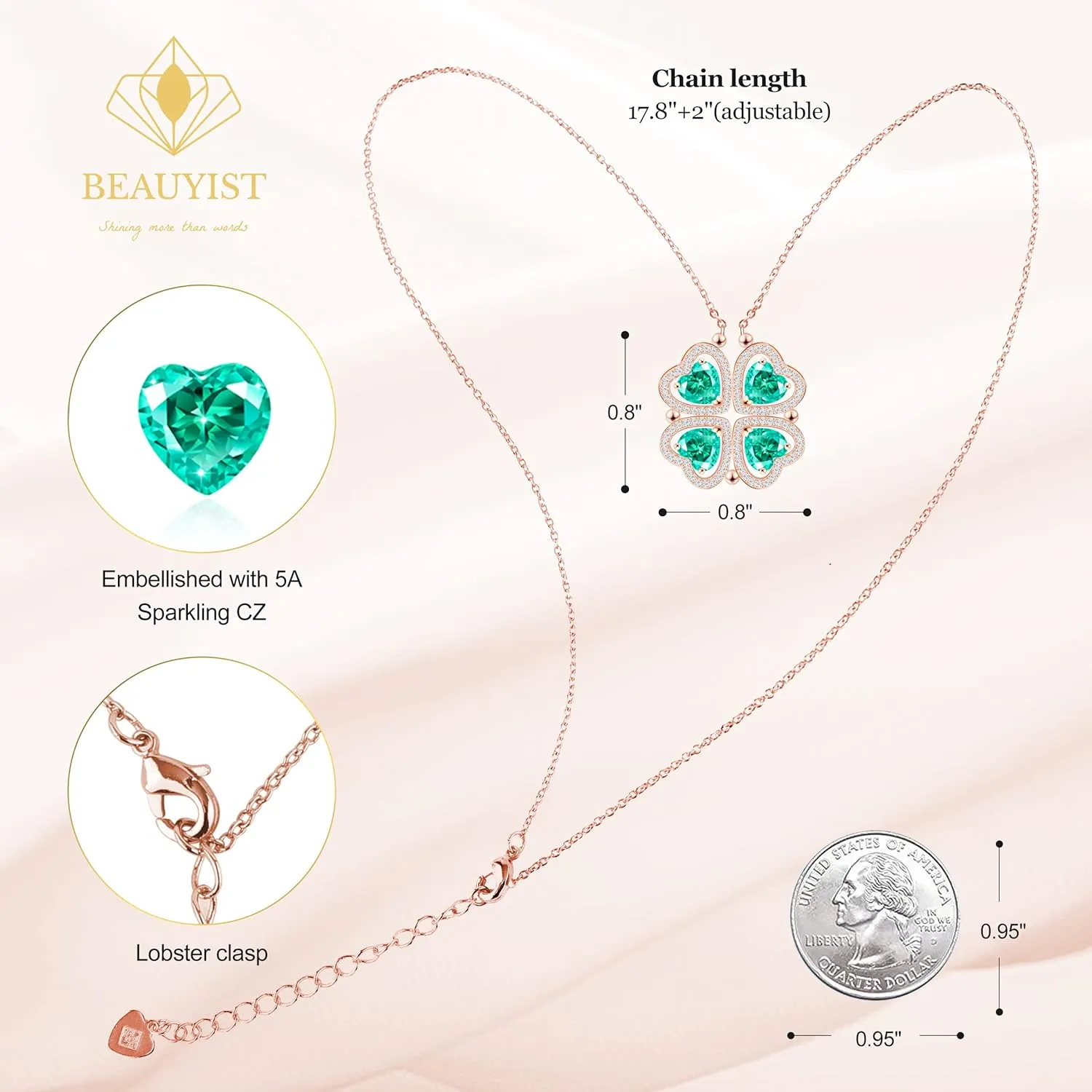 2 IN 1 Lucky Four Leaf Clover Necklaces for Women, Shamrock CZ Birthstone folding Heart Necklace, Extendable & Foldable Jewelry Gifts