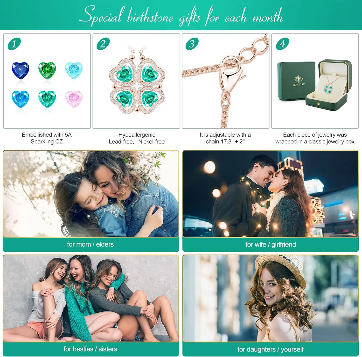 2 IN 1 Lucky Four Leaf Clover Necklaces for Women, Shamrock CZ Birthstone folding Heart Necklace, Extendable & Foldable Jewelry Gifts