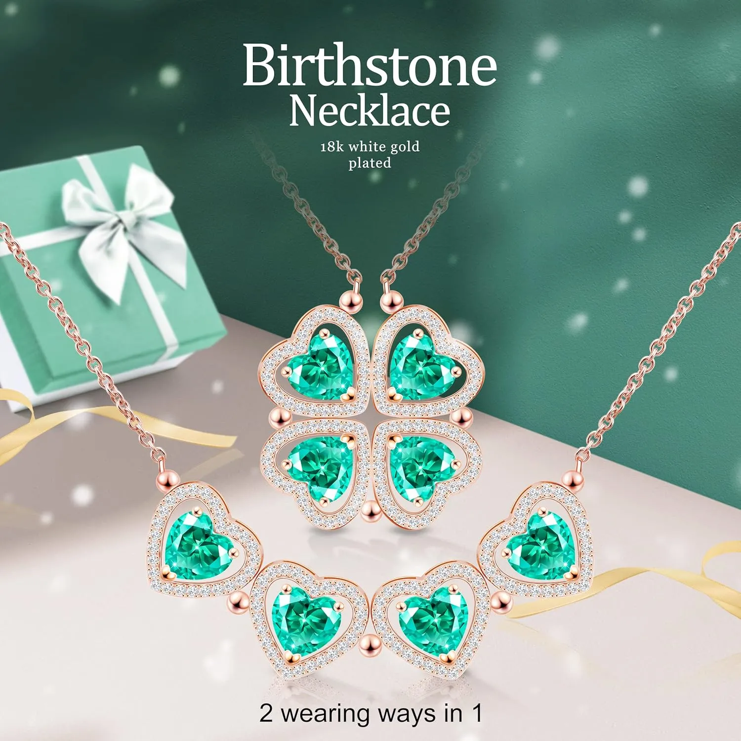 2 IN 1 Lucky Four Leaf Clover Necklaces for Women, Shamrock CZ Birthstone folding Heart Necklace, Extendable & Foldable Jewelry Gifts
