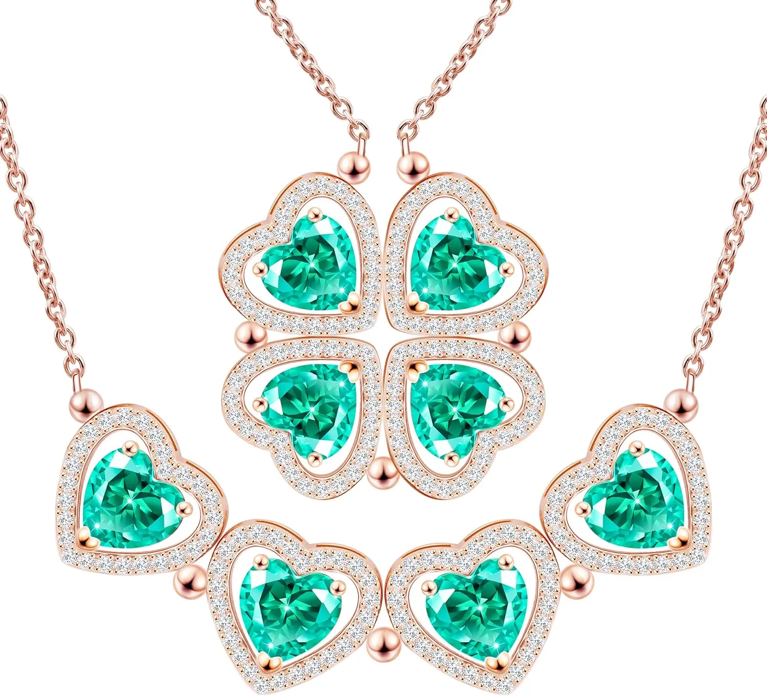 2 IN 1 Lucky Four Leaf Clover Necklaces for Women, Shamrock CZ Birthstone folding Heart Necklace, Extendable & Foldable Jewelry Gifts