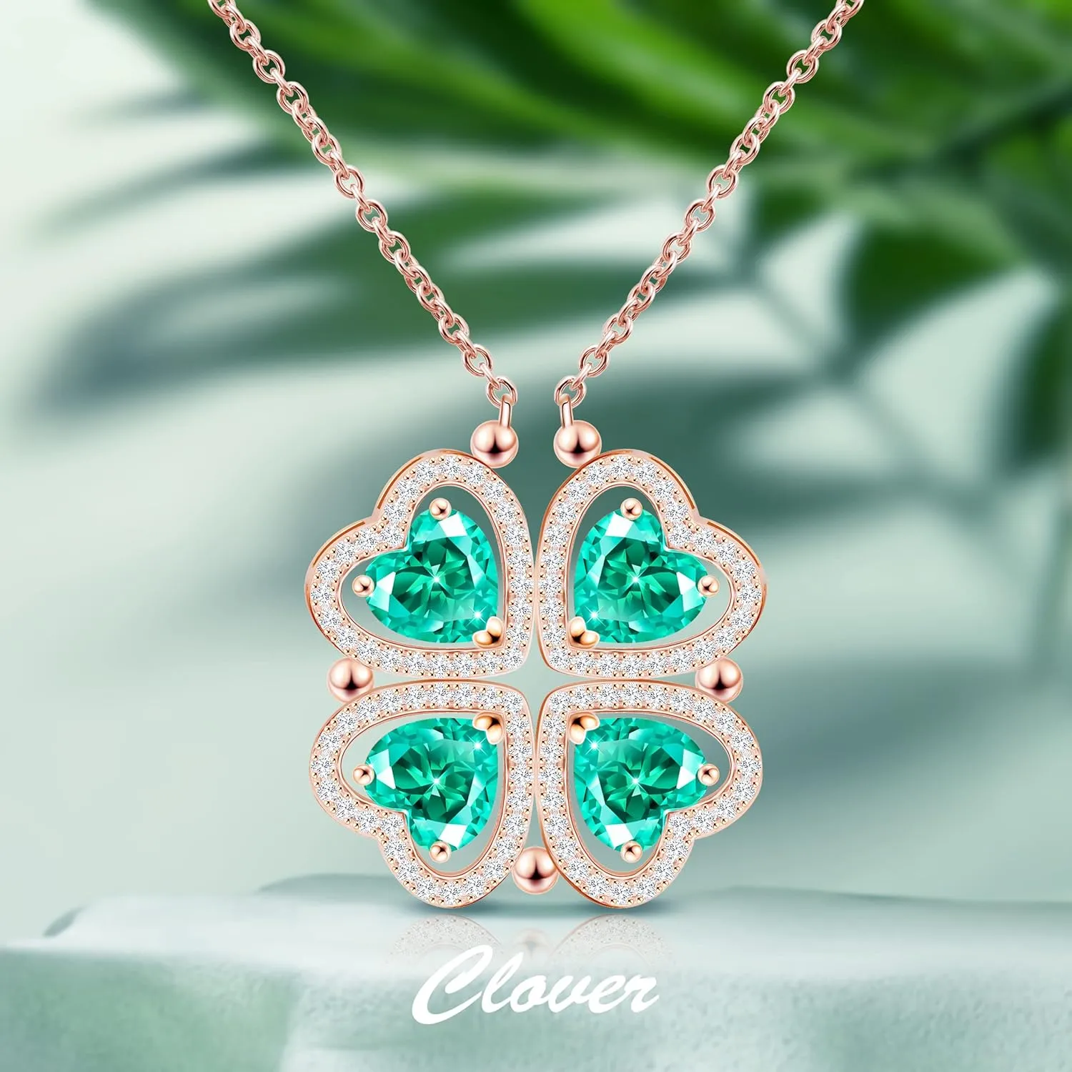 2 IN 1 Lucky Four Leaf Clover Necklaces for Women, Shamrock CZ Birthstone folding Heart Necklace, Extendable & Foldable Jewelry Gifts