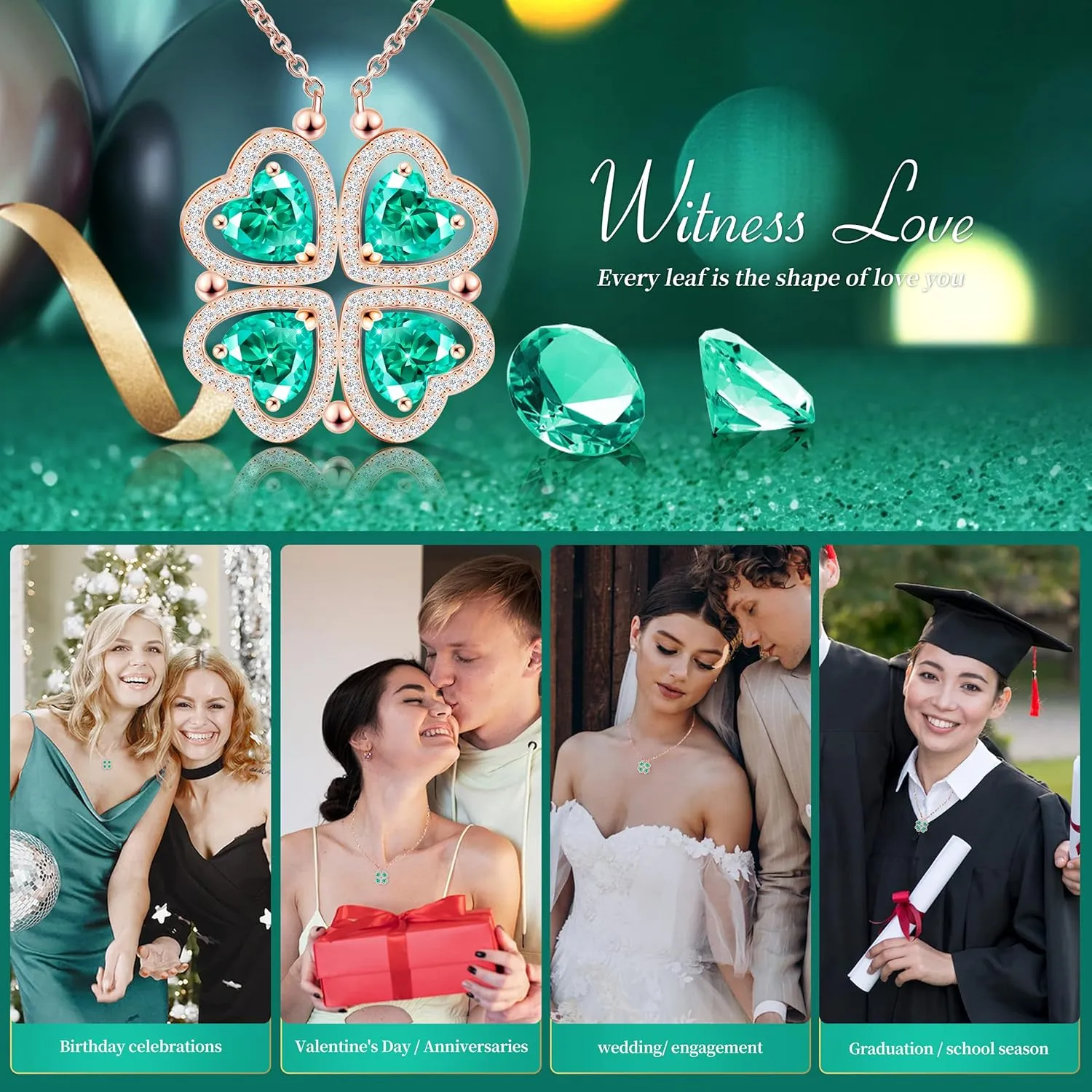 2 IN 1 Lucky Four Leaf Clover Necklaces for Women, Shamrock CZ Birthstone folding Heart Necklace, Extendable & Foldable Jewelry Gifts