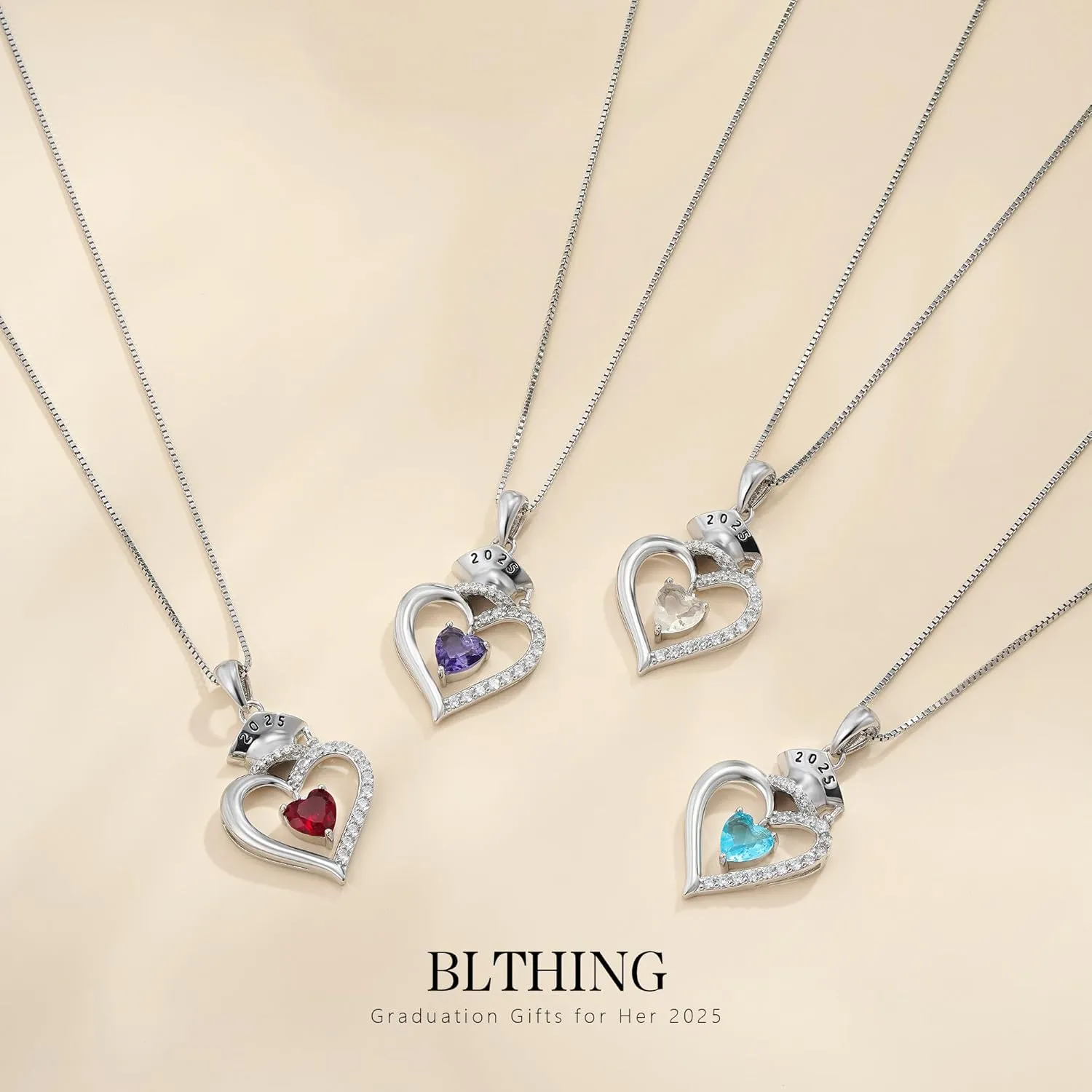 2025 Graduation Gifts for Her - S925 Sterling Silver Heart Graduation Cap Birthstone Necklaces, Class of 2025 High School College Graduation Gifts for Her