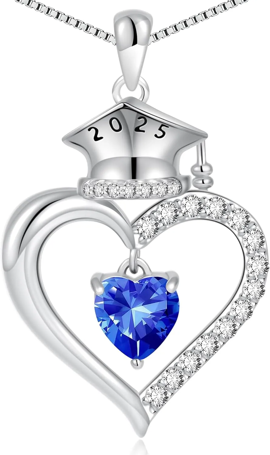2025 Graduation Gifts for Her - S925 Sterling Silver Heart Graduation Cap Birthstone Necklaces, Class of 2025 High School College Graduation Gifts for Her