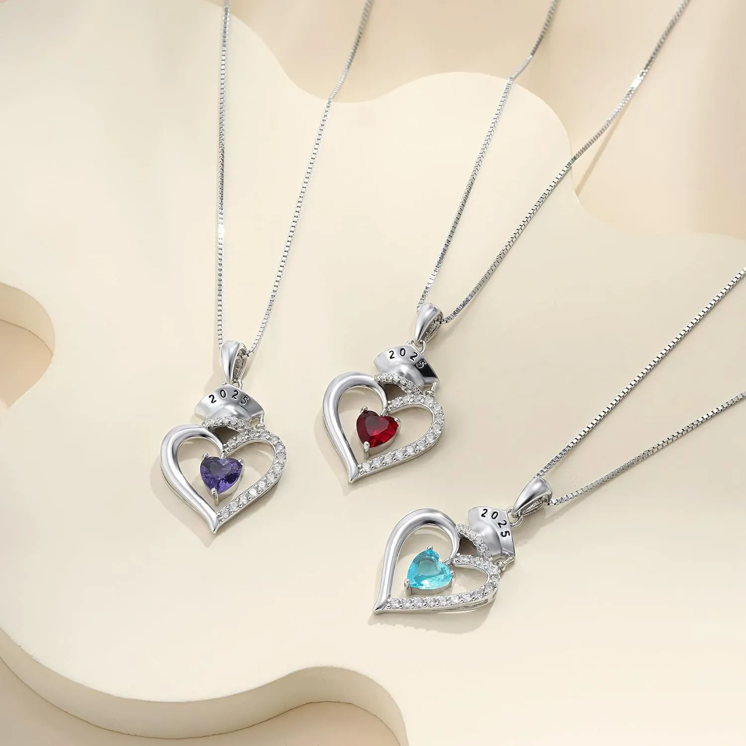2025 Graduation Gifts for Her - S925 Sterling Silver Heart Graduation Cap Birthstone Necklaces, Class of 2025 High School College Graduation Gifts for Her