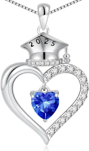 2025 Graduation Gifts for Her - S925 Sterling Silver Heart Graduation Cap Birthstone Necklaces, Class of 2025 High School College Graduation Gifts for Her