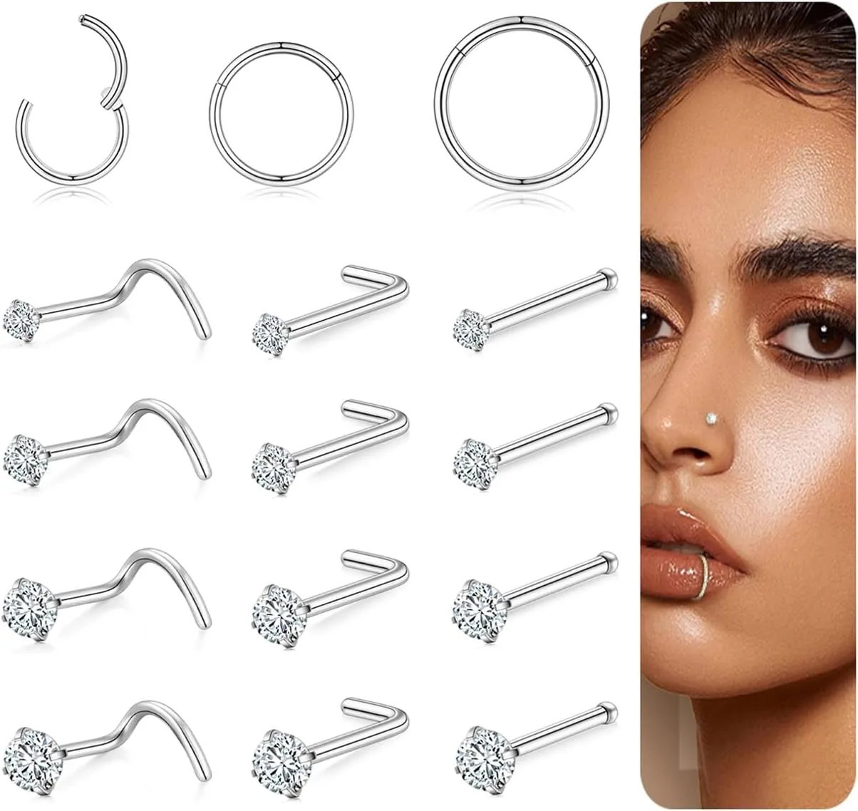 20G/18G Nose Studs Stainless Steel Nose Piercing Nose Ring Set I L S Shape Body Piercing Nose Hoop Ring for Women Men