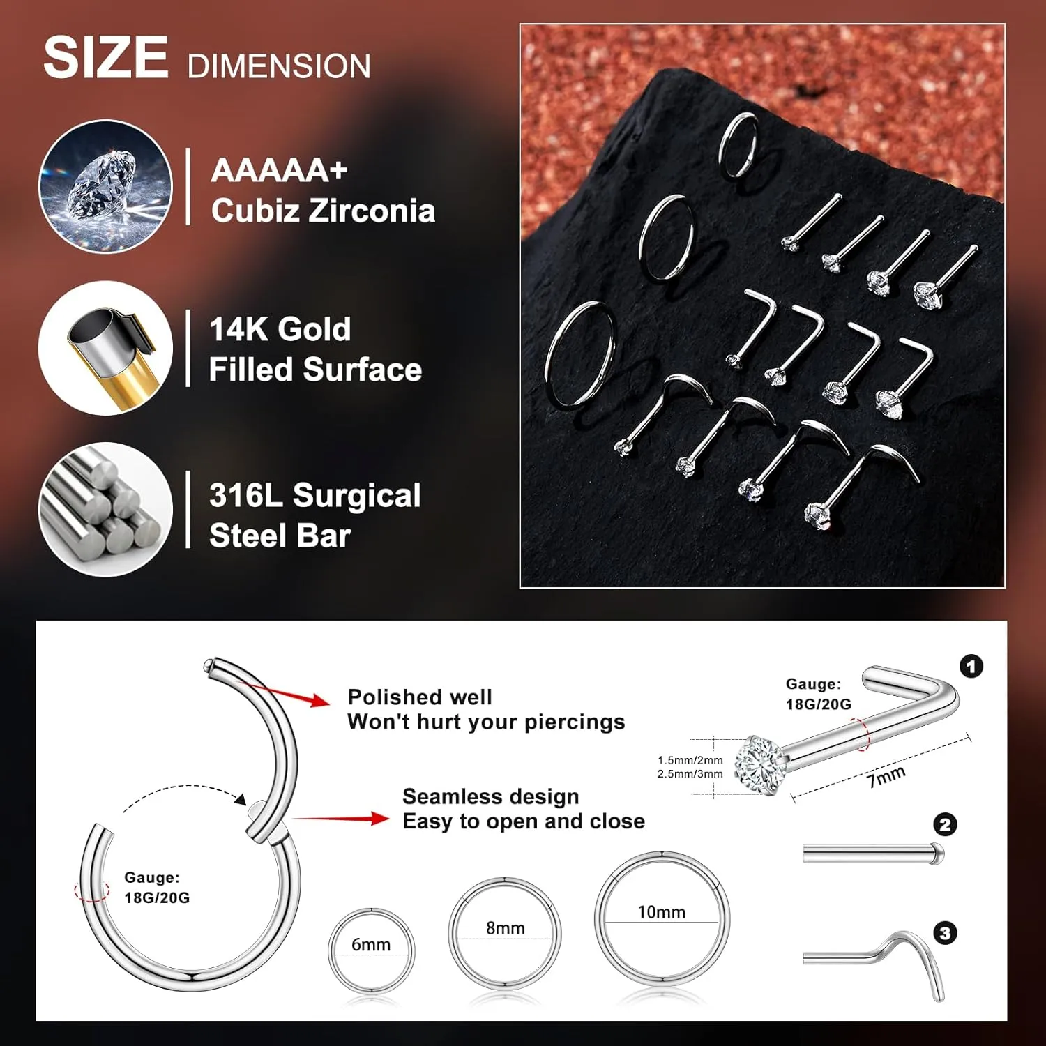 20G/18G Nose Studs Stainless Steel Nose Piercing Nose Ring Set I L S Shape Body Piercing Nose Hoop Ring for Women Men