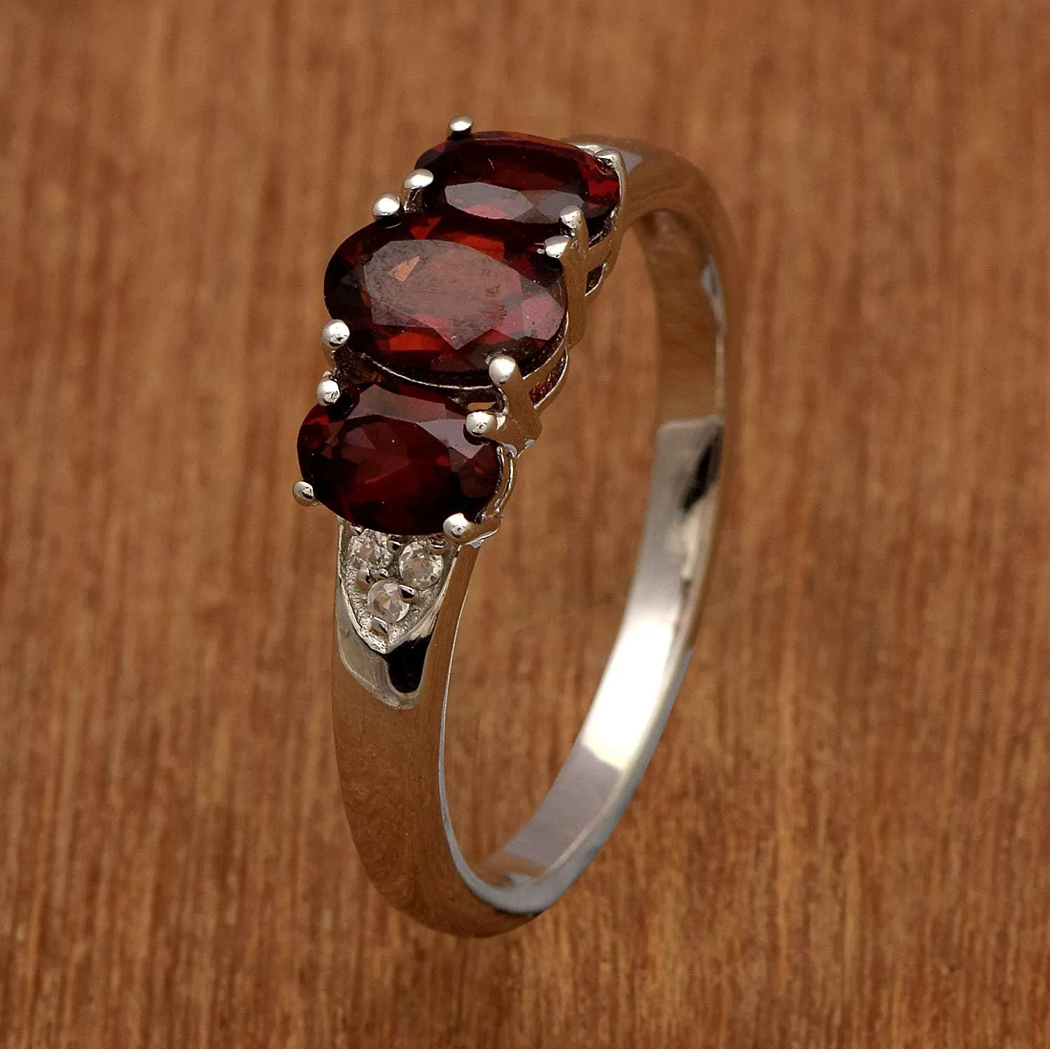2.35 CTW Genuine Garnet Ring 925 Sterling Silver 3 Stone Classic Ring