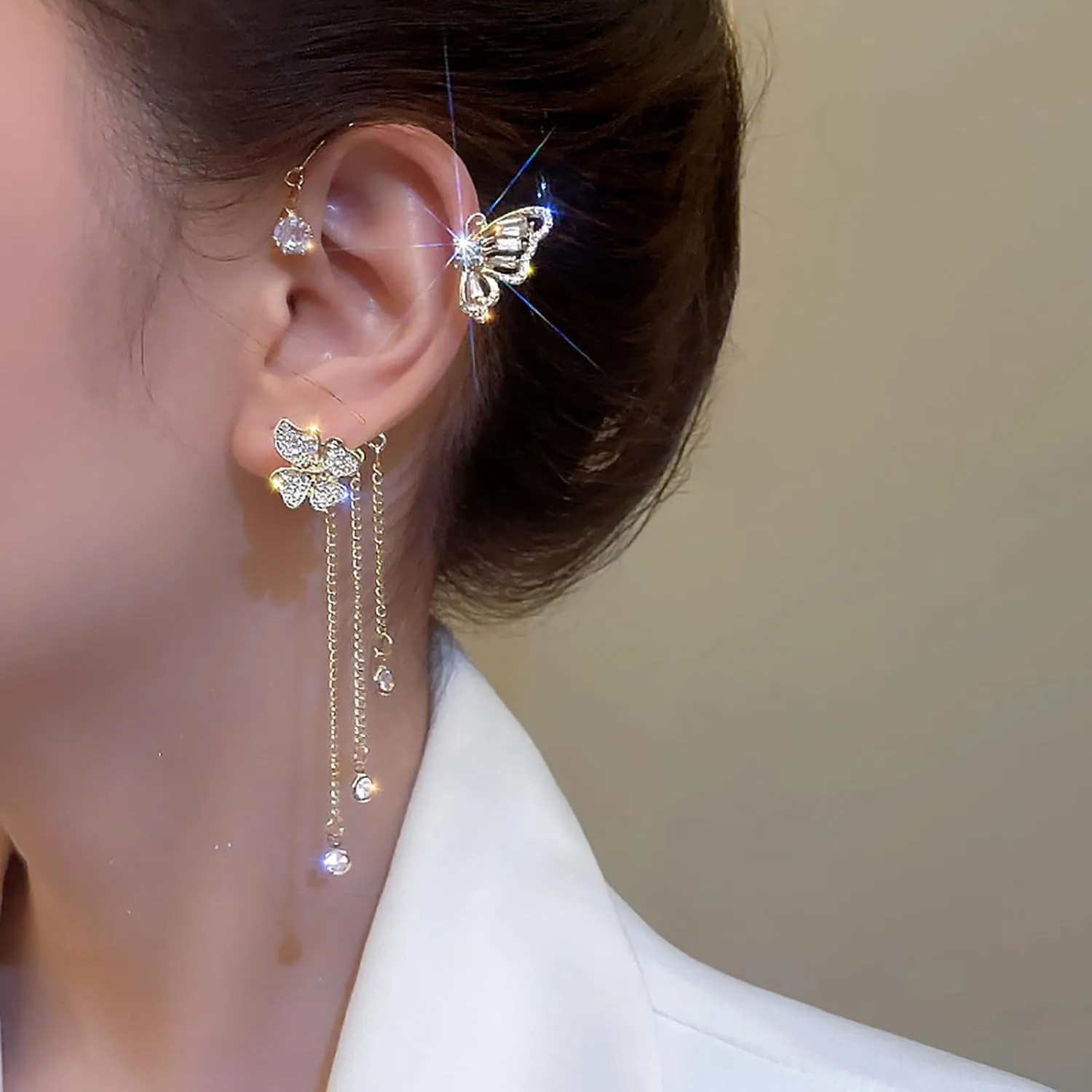 2PCS Butterfly Ear Cuff Earrings For Women Gold Silver No Piercing Tassel Chain Zircon Dangle Earring for Bridal Wedding Climber Wrap Prom Jewelry Gifts