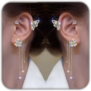 2PCS Butterfly Ear Cuff Earrings For Women Gold Silver No Piercing Tassel Chain Zircon Dangle Earring for Bridal Wedding Climber Wrap Prom Jewelry Gifts