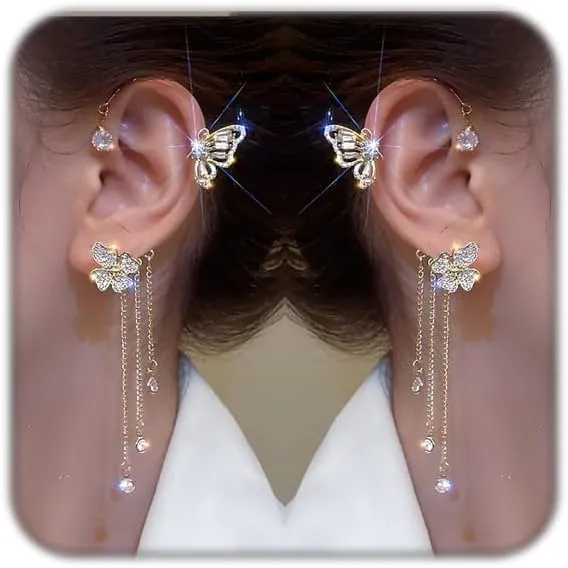 2PCS Butterfly Ear Cuff Earrings For Women Gold Silver No Piercing Tassel Chain Zircon Dangle Earring for Bridal Wedding Climber Wrap Prom Jewelry Gifts