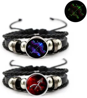 2Pcs Multilayer Constellation Zodiac Leather Bracelet Vintage Black Leather Bracelet Adjustable Handmade Woven Bracelet Birthday Trendy Jewelry for Women Men