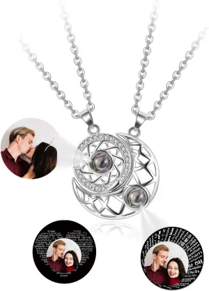 2pcs Personalized Photo Projection Necklace Memory Custom Picture Projection Pendant I Love You Sun & Moon Mutual Attraction Matching Couple Necklaces Valentines Day