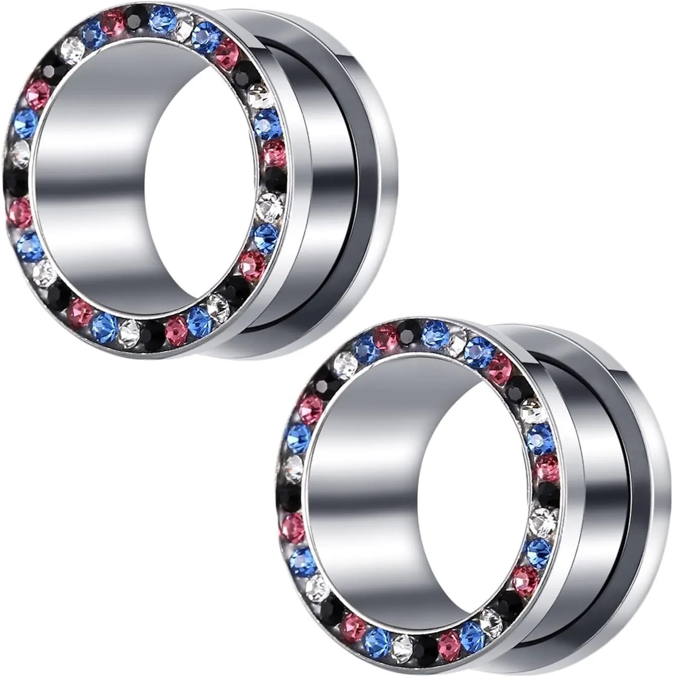 2Pcs Plugs Gauges Cute, Unique Gauges for Ears Round with Circle Colorful Cubic Zirconia Stainless Steel