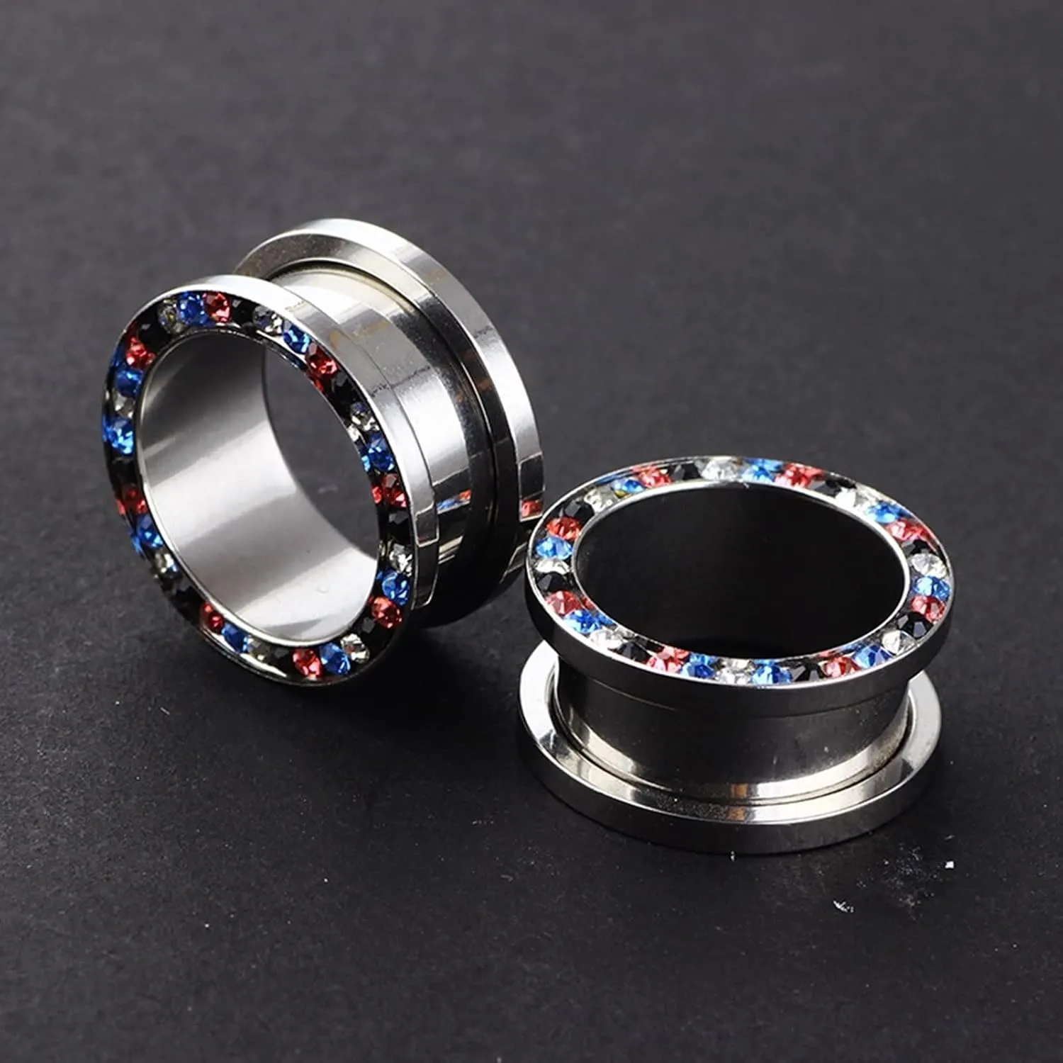 2Pcs Plugs Gauges Cute, Unique Gauges for Ears Round with Circle Colorful Cubic Zirconia Stainless Steel
