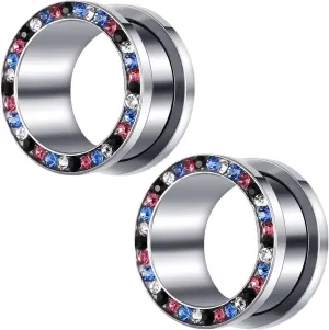 2Pcs Plugs Gauges Cute, Unique Gauges for Ears Round with Circle Colorful Cubic Zirconia Stainless Steel