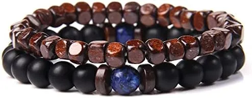 2pcs/set Men Bracelet Wood Beads Cross Pendant 7 Healing Balance Lava Bracelet for Women Prayer Buddha Jewelry Gifts (Metal Color: 8mm matte onyx - Length: 21CM)