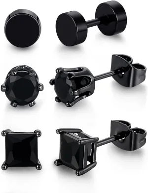 3 Pairs Black Stud Earrings for Men Women Gold Plated Hypoallergenic CZ Earrings Set