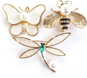 3 Pieces Golden Pearl Brooches and Pins for Women - Insect Style for Hat Dress Bag Decoration - Anti Glare Pin for Deep v Dress - Elegant Gift for Friends and Teachers