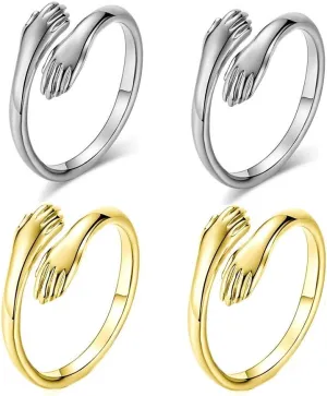 4 Pieces Hugging Hands Rings Gold Silver Hands Embrace Open Rings Adjustable Couple Hug Rings Romantic Lover Wedding Ring Jewelry Gifts