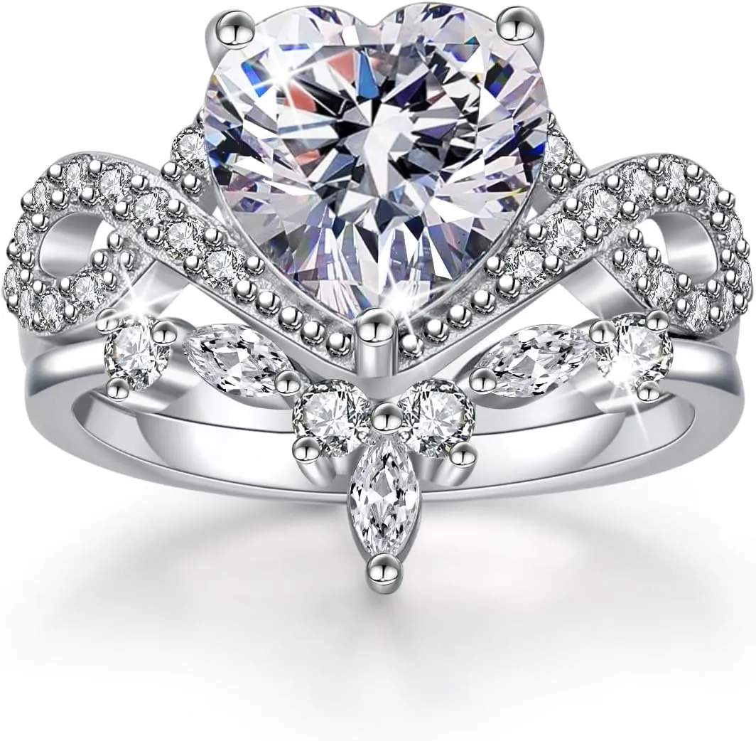 4CT Heart Engagement Rings for Women 925 Sterling Silver Promise Rings for Her 5A CZ Cubic Zircon Statement Wedding Rings Set for Women Christmas Mom Valentine's Day Gifts