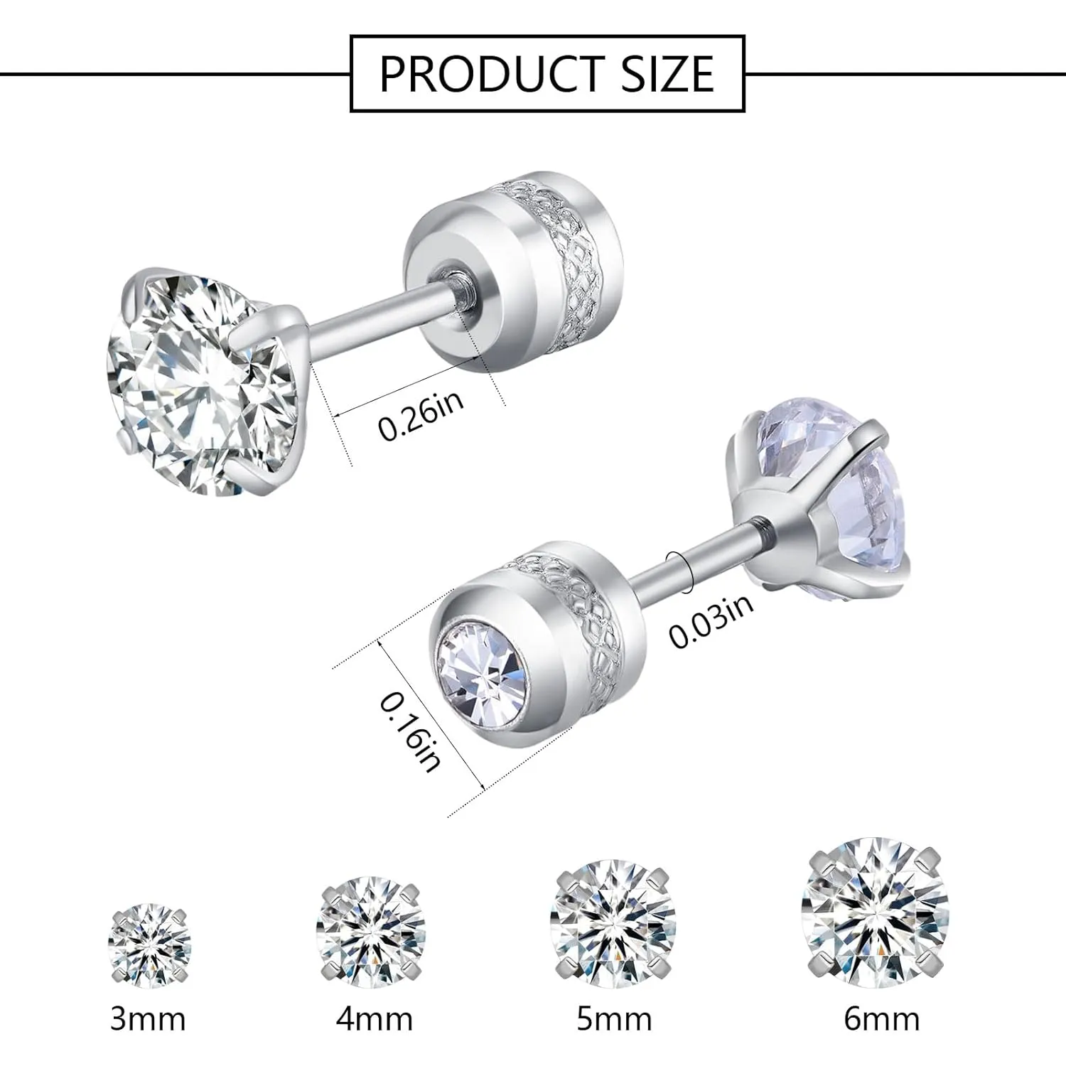 4MM Tiny CZ Screw On Flat Back Stud Earrings for Women Men Girls,Unisex Stainless Steel Silver Stud Earrings Cartilage Hypoallergenic,Dainty Double Sided Round Cubic Zirconia Earrings Jewelry Gifts