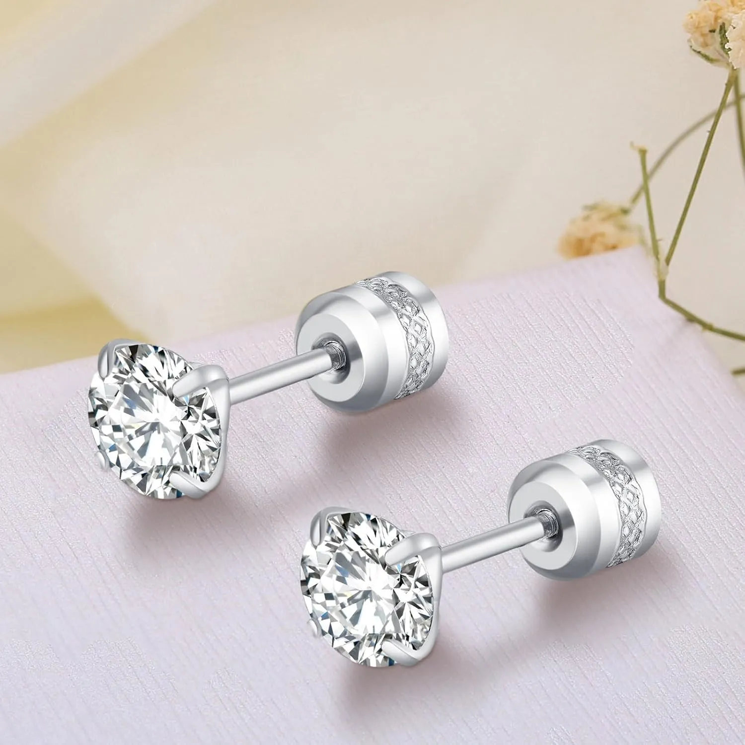 4MM Tiny CZ Screw On Flat Back Stud Earrings for Women Men Girls,Unisex Stainless Steel Silver Stud Earrings Cartilage Hypoallergenic,Dainty Double Sided Round Cubic Zirconia Earrings Jewelry Gifts