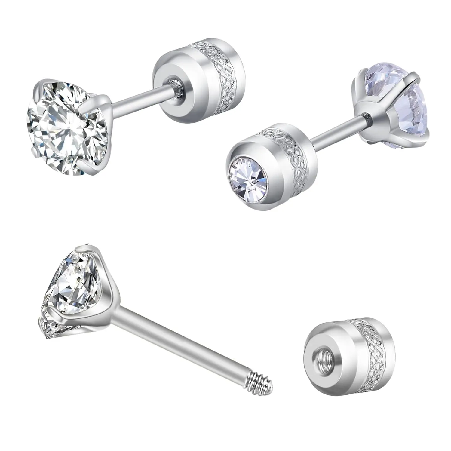 4MM Tiny CZ Screw On Flat Back Stud Earrings for Women Men Girls,Unisex Stainless Steel Silver Stud Earrings Cartilage Hypoallergenic,Dainty Double Sided Round Cubic Zirconia Earrings Jewelry Gifts