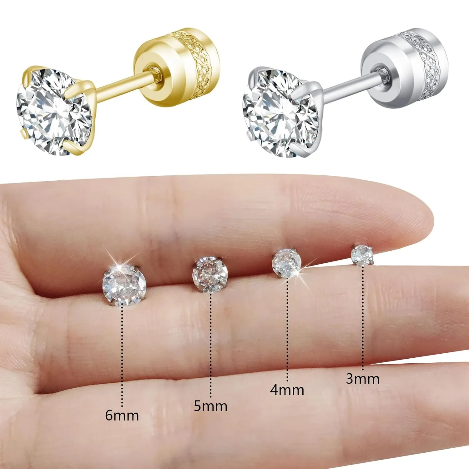 4MM Tiny CZ Screw On Flat Back Stud Earrings for Women Men Girls,Unisex Stainless Steel Silver Stud Earrings Cartilage Hypoallergenic,Dainty Double Sided Round Cubic Zirconia Earrings Jewelry Gifts