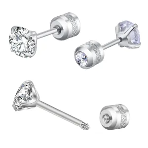 4MM Tiny CZ Screw On Flat Back Stud Earrings for Women Men Girls,Unisex Stainless Steel Silver Stud Earrings Cartilage Hypoallergenic,Dainty Double Sided Round Cubic Zirconia Earrings Jewelry Gifts