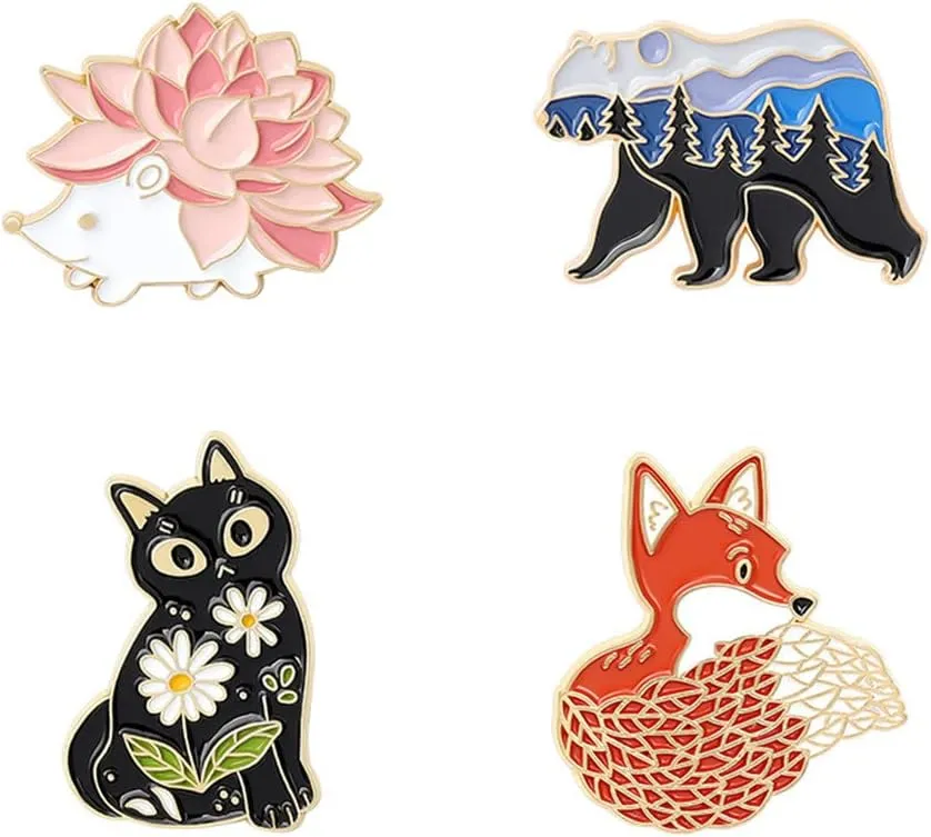 4Pcs Cute Animal Enamel Pins for Jackets Backpack Shirt Lapel Badges Pins Cartoon Creative Fox Cat Bear Hedgehog Brooches for Women Men Backpack Hats Clothes