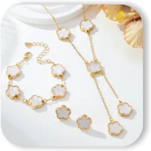 5 Leaf Flower Jewelry Set Women 5 Leaf Earrings Bracelet Necklace 5 Leaf Clover Plum Blossom Necklace Earrings Three Pieces Ladies Lucky Jewelry Gifts