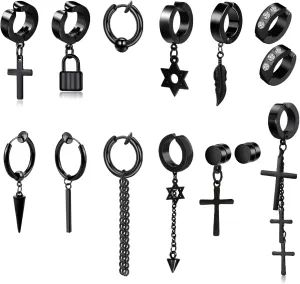 5 Pairs Black Stainless Steel Non-Piercing Spike Rivet Cross Dangle Tassel Clip on Hoop Earrings Set for Women Men Boy Girl, Non Pierced Fake Ear Clip Stud Earrings