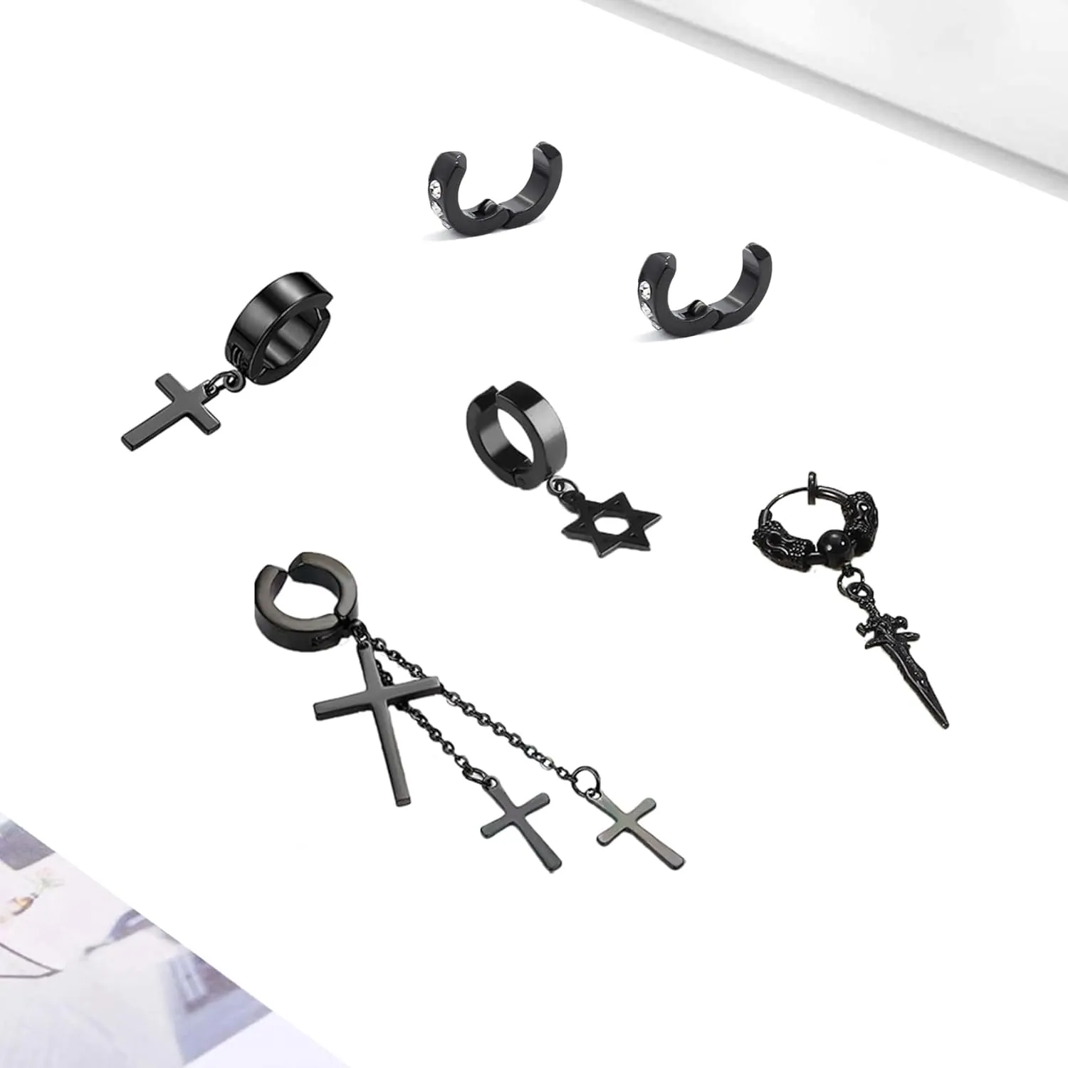 5 Pairs Black Stainless Steel Non-Piercing Spike Rivet Cross Dangle Tassel Clip on Hoop Earrings Set for Women Men Boy Girl, Non Pierced Fake Ear Clip Stud Earrings
