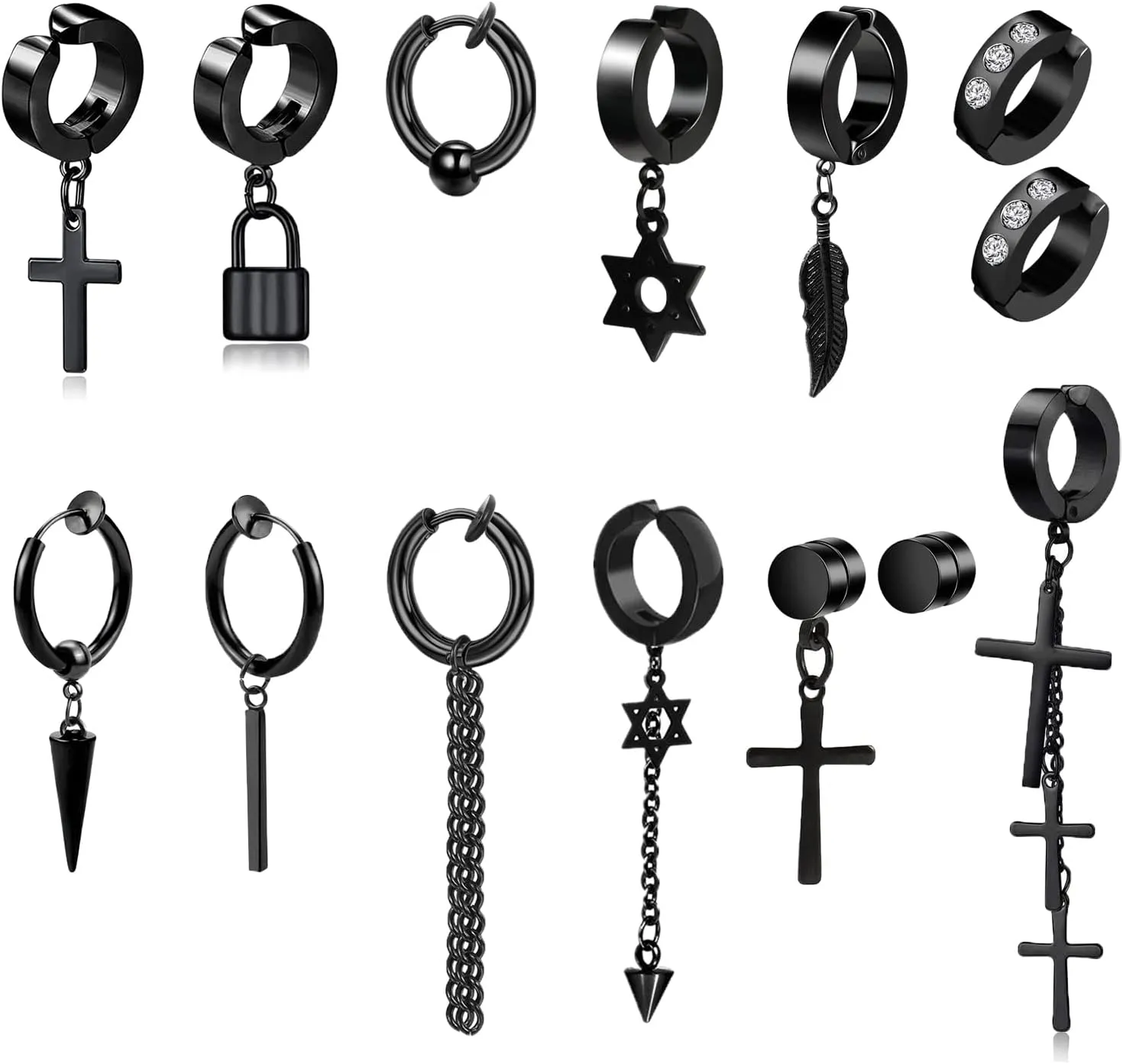 5 Pairs Black Stainless Steel Non-Piercing Spike Rivet Cross Dangle Tassel Clip on Hoop Earrings Set for Women Men Boy Girl, Non Pierced Fake Ear Clip Stud Earrings