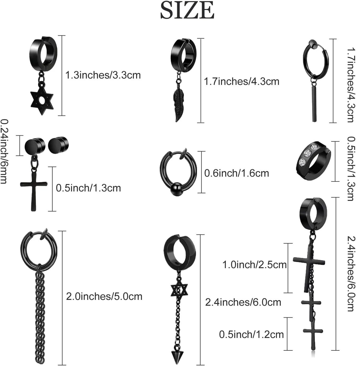 5 Pairs Black Stainless Steel Non-Piercing Spike Rivet Cross Dangle Tassel Clip on Hoop Earrings Set for Women Men Boy Girl, Non Pierced Fake Ear Clip Stud Earrings