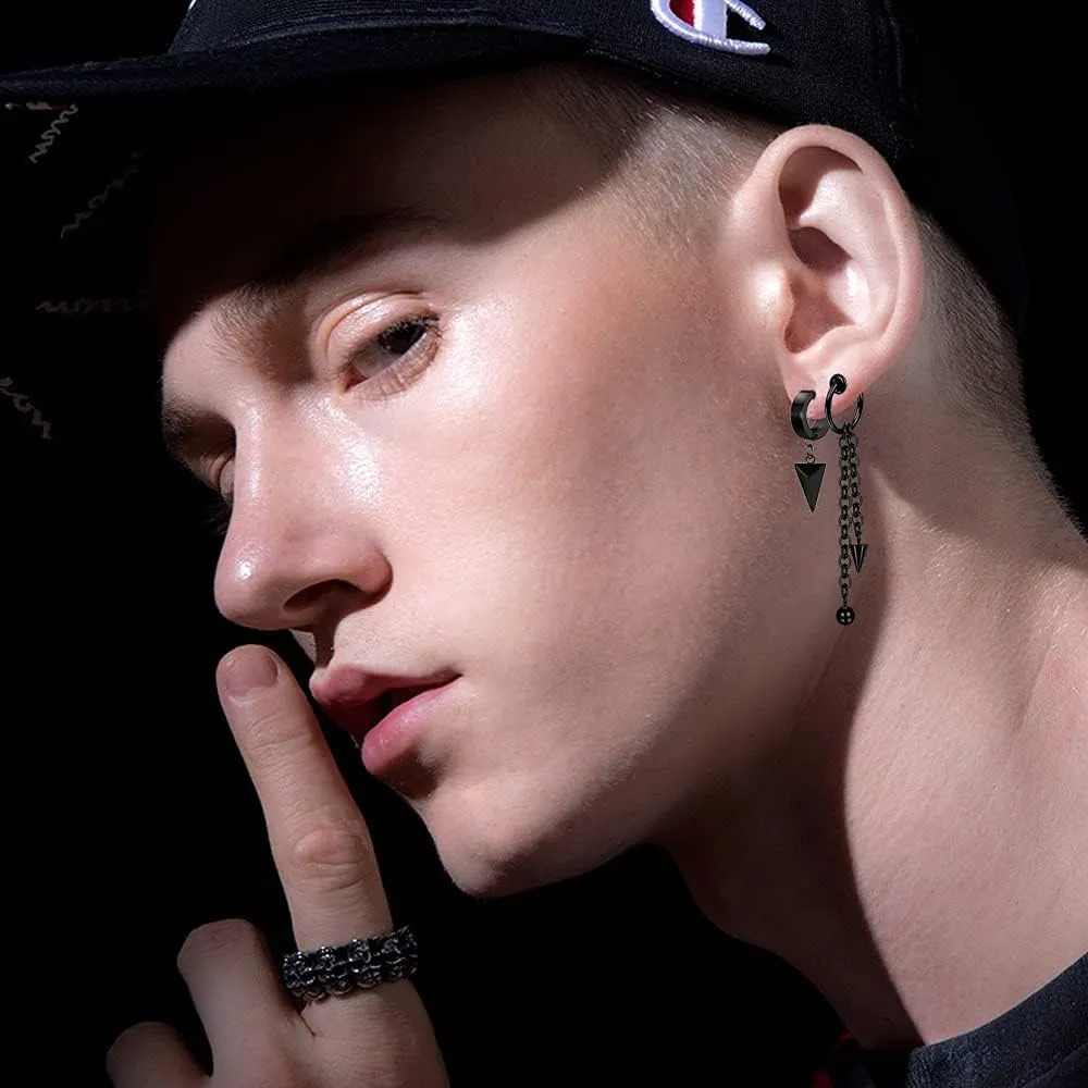 5 Pairs Black Stainless Steel Non-Piercing Spike Rivet Cross Dangle Tassel Clip on Hoop Earrings Set for Women Men Boy Girl, Non Pierced Fake Ear Clip Stud Earrings